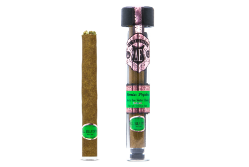A photograph of AE ROSE GOLD El Blunto Hash Infused Sativa Limon Pepino 2g