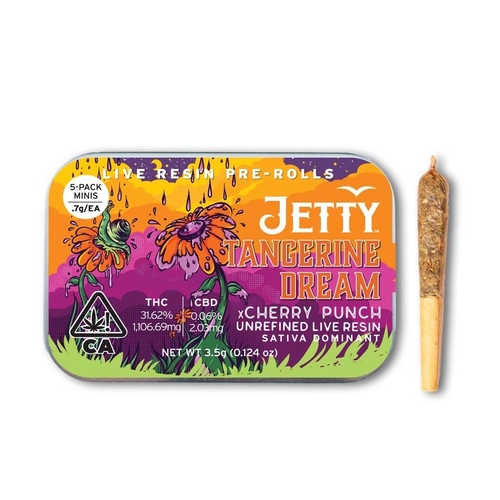 A photograph of Jetty Live Resin Preroll Tangerine Dream x Cherry Punch 5pk