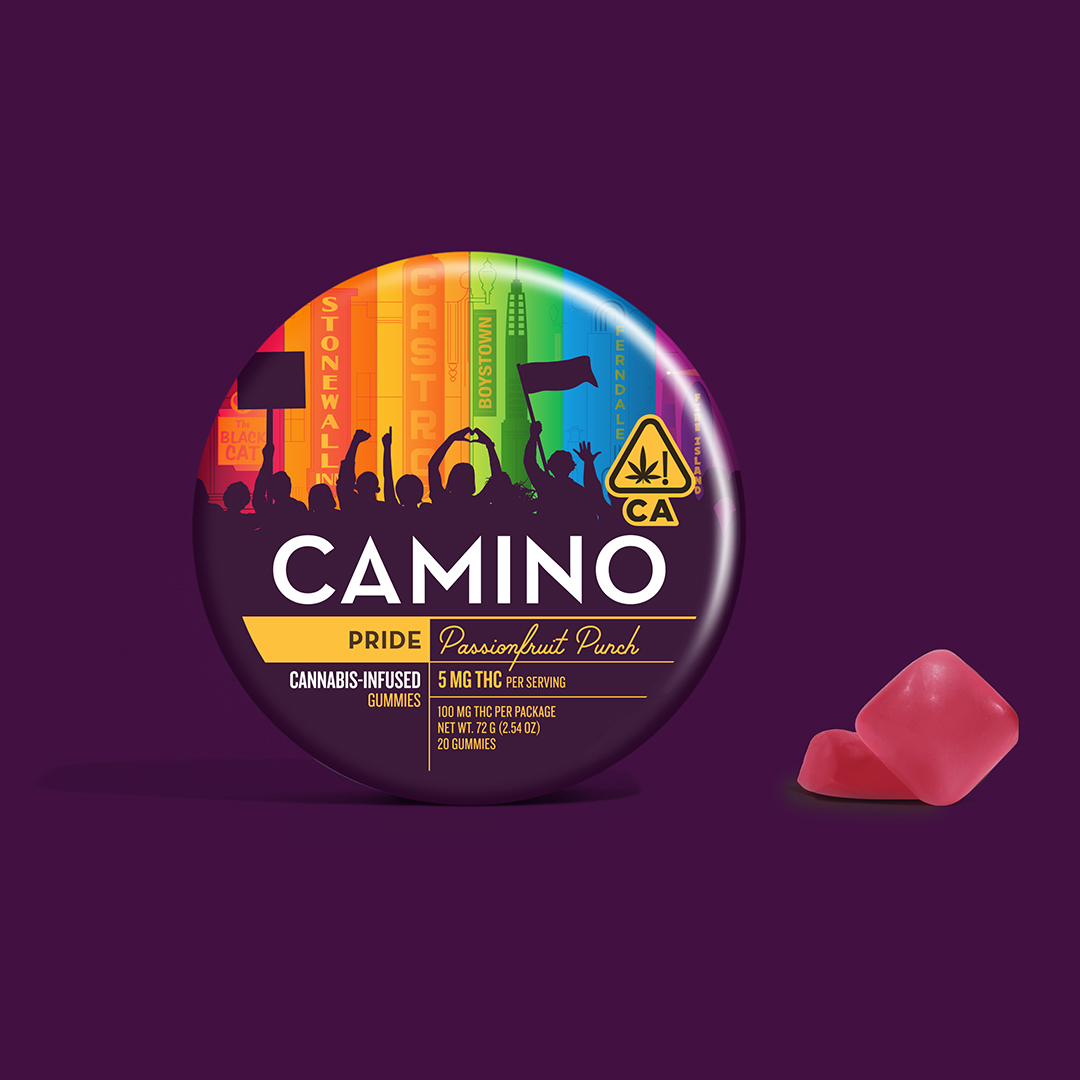 A photograph of Camino Gummies Pride Passionfruit Punch