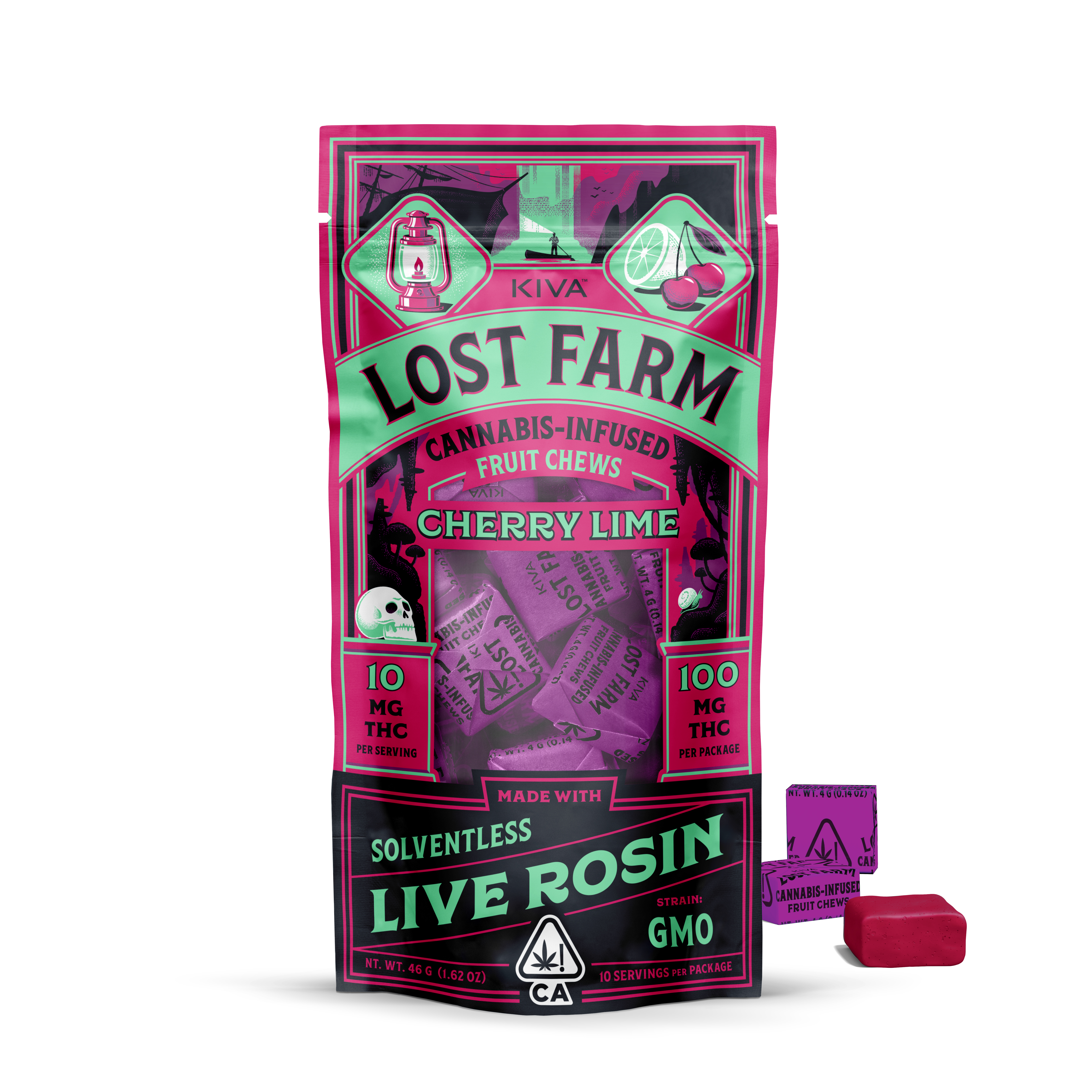 A photograph of Lost Farm Chews Cherry Lime GMO Rosin