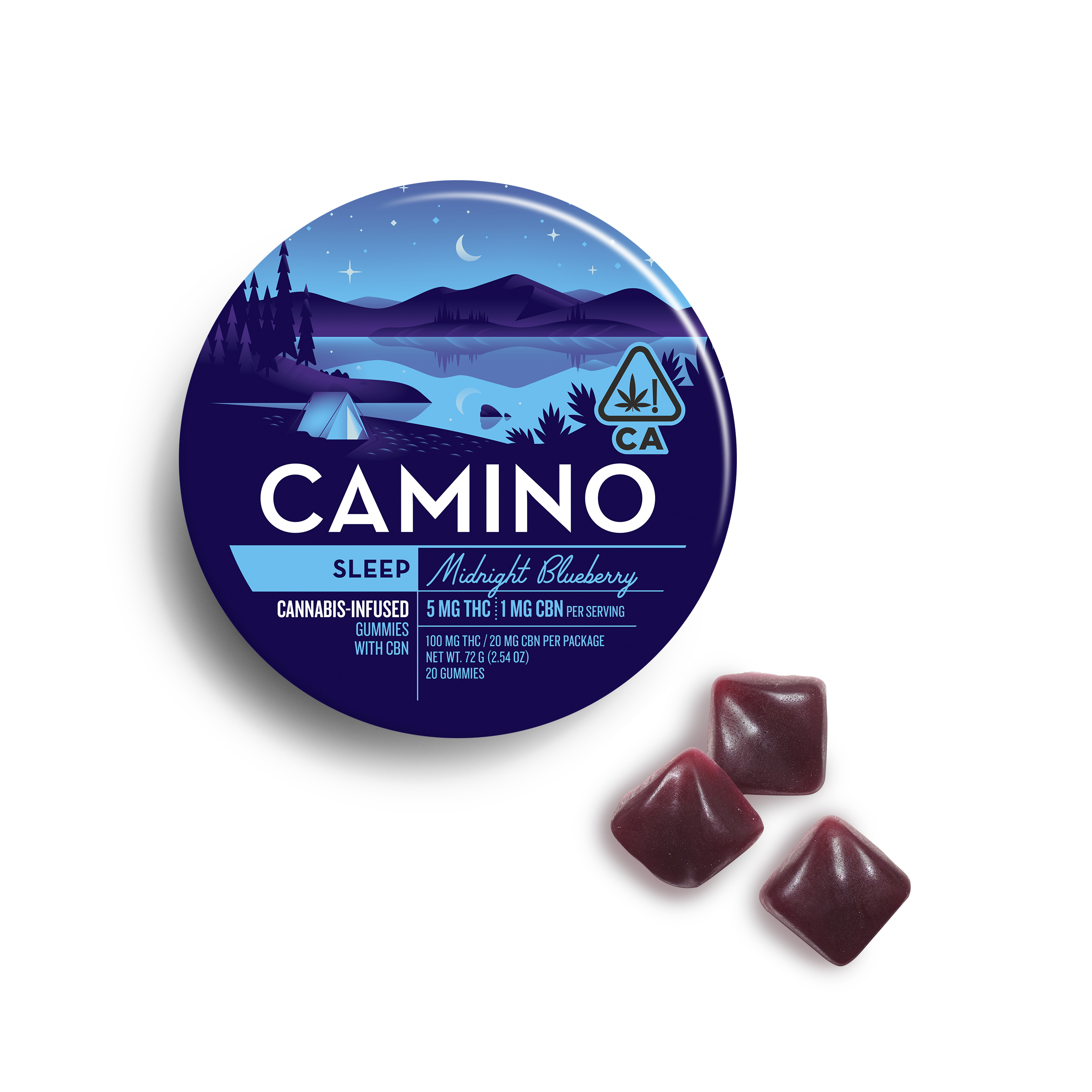 A photograph of Camino Gummies Midnight Blueberry CBN 5:1