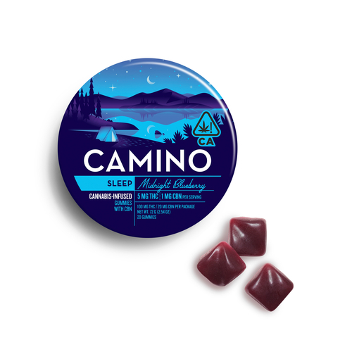 A photograph of Camino Gummies Midnight Blueberry CBN 5:1
