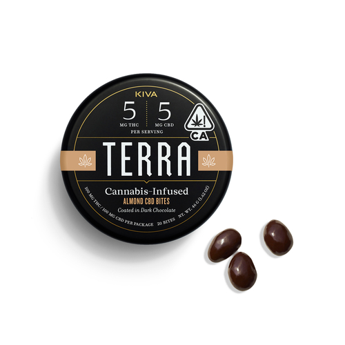 A photograph of Terra Bites Dark Chocolate Almond CBD 1:1