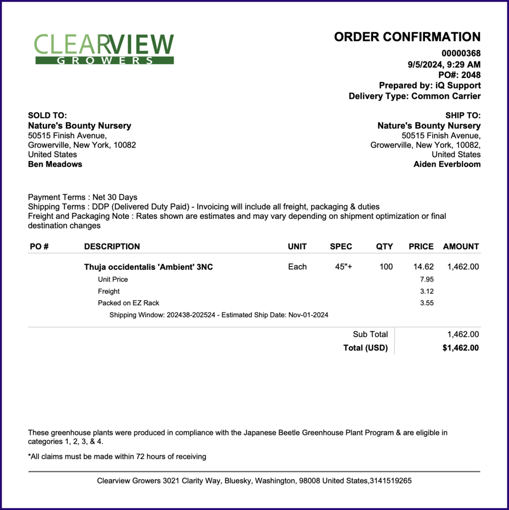 Brady Order Confirmation Example.pdf Customer Order Confirmations