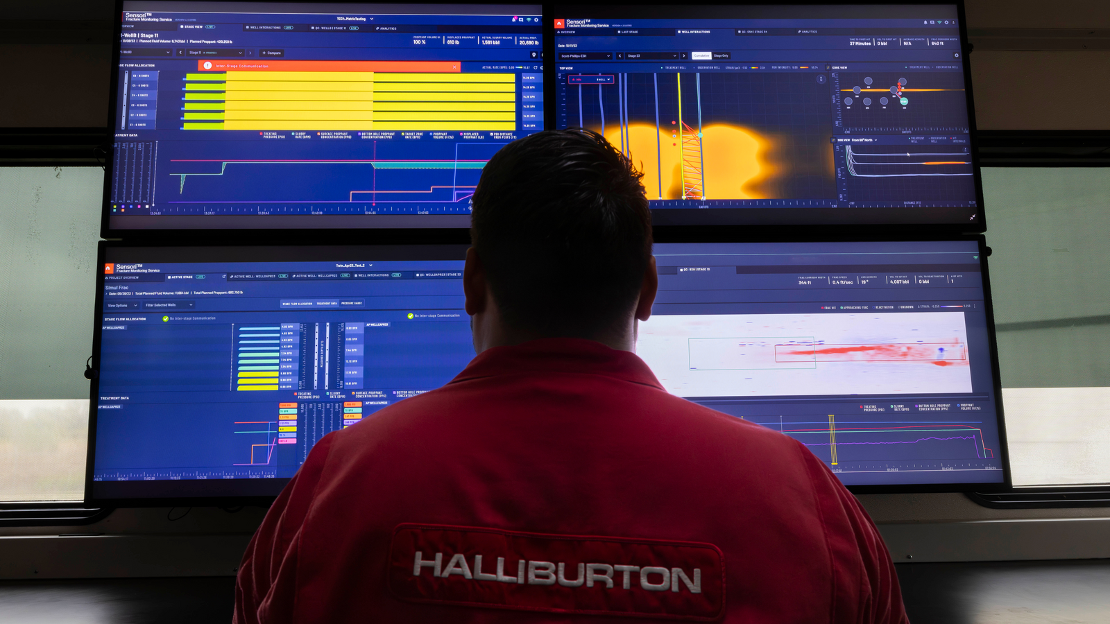 A Halliburton employee working with the Sensori fracture monitoring system through multiple display screens.