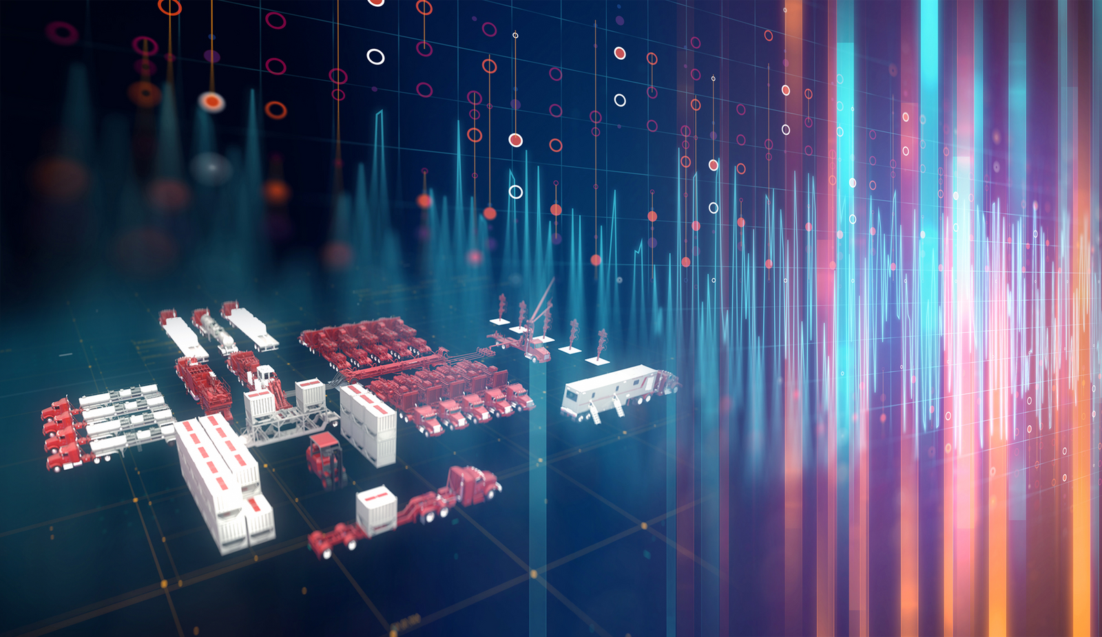 Graphic of Halliburton’s frac site, showcasing equipment and overlaid digital data streams to highlight technology and data integration