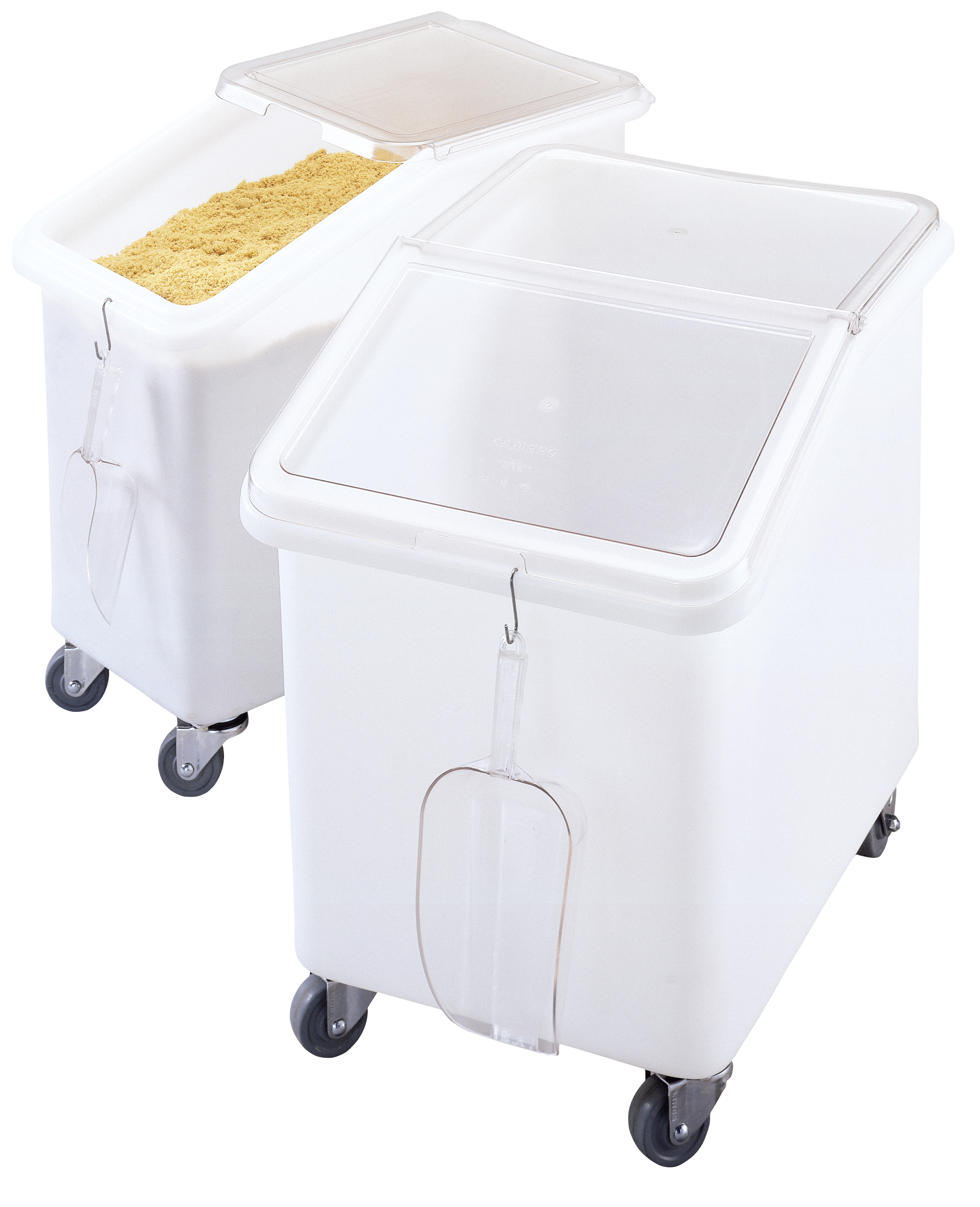 Two white ingredient bins, one empty, one with yellow dry ingredient