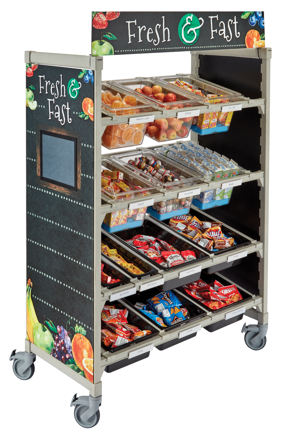 Flex Station with a Fast & Fresh merchandiser attached, filled with food pans and snacks