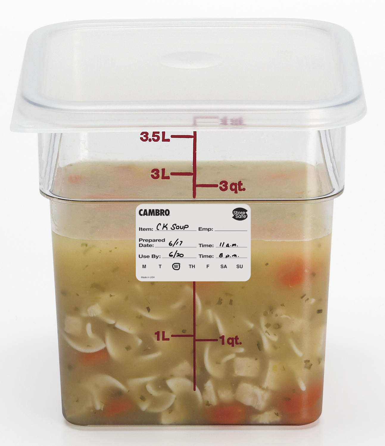 A 4-Quart CamSquare filled with chicken soup, with a StoreSafe label