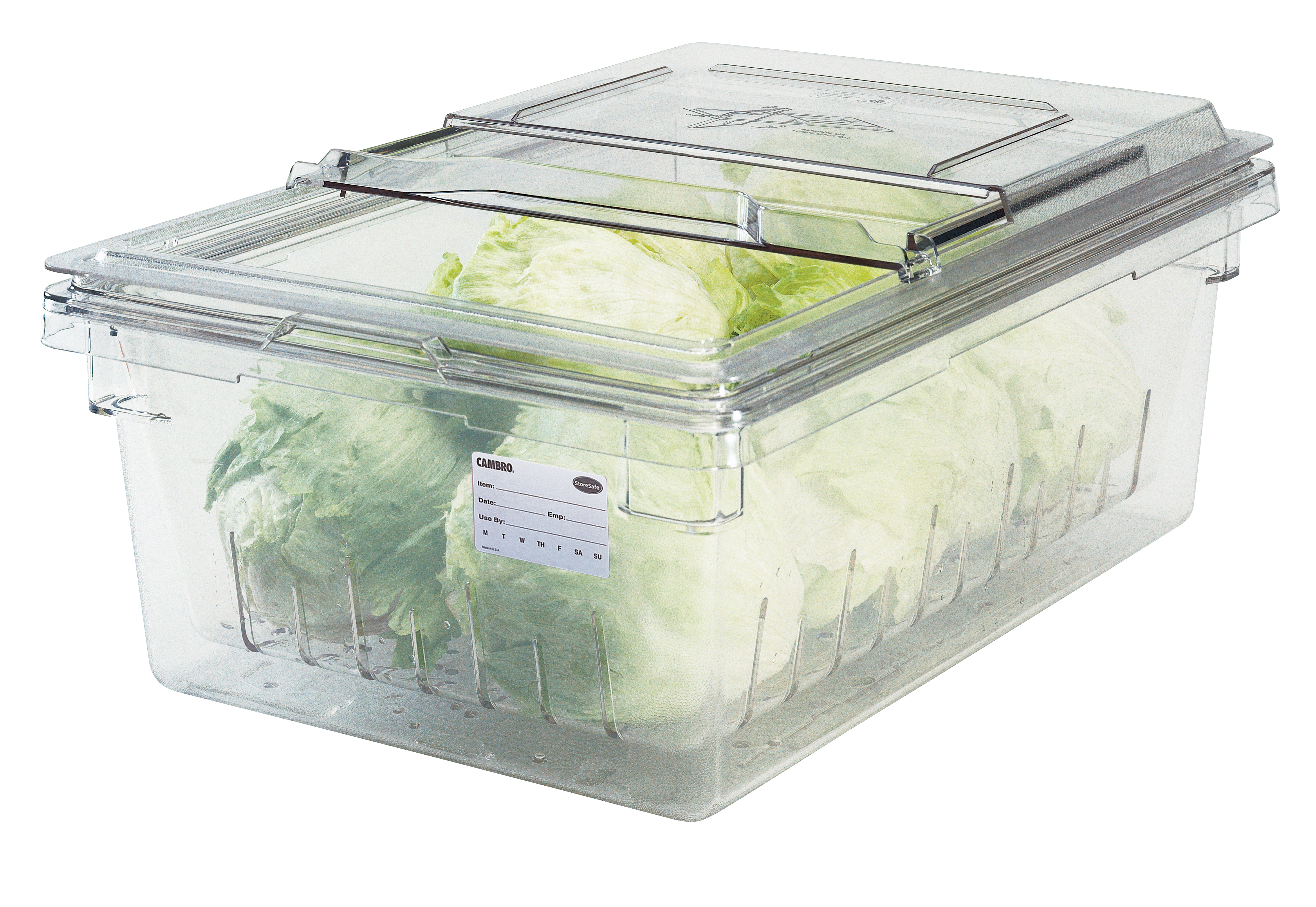 A colander kit food box with slidinglid, full of cabbages, with a StoreSafe label on the front