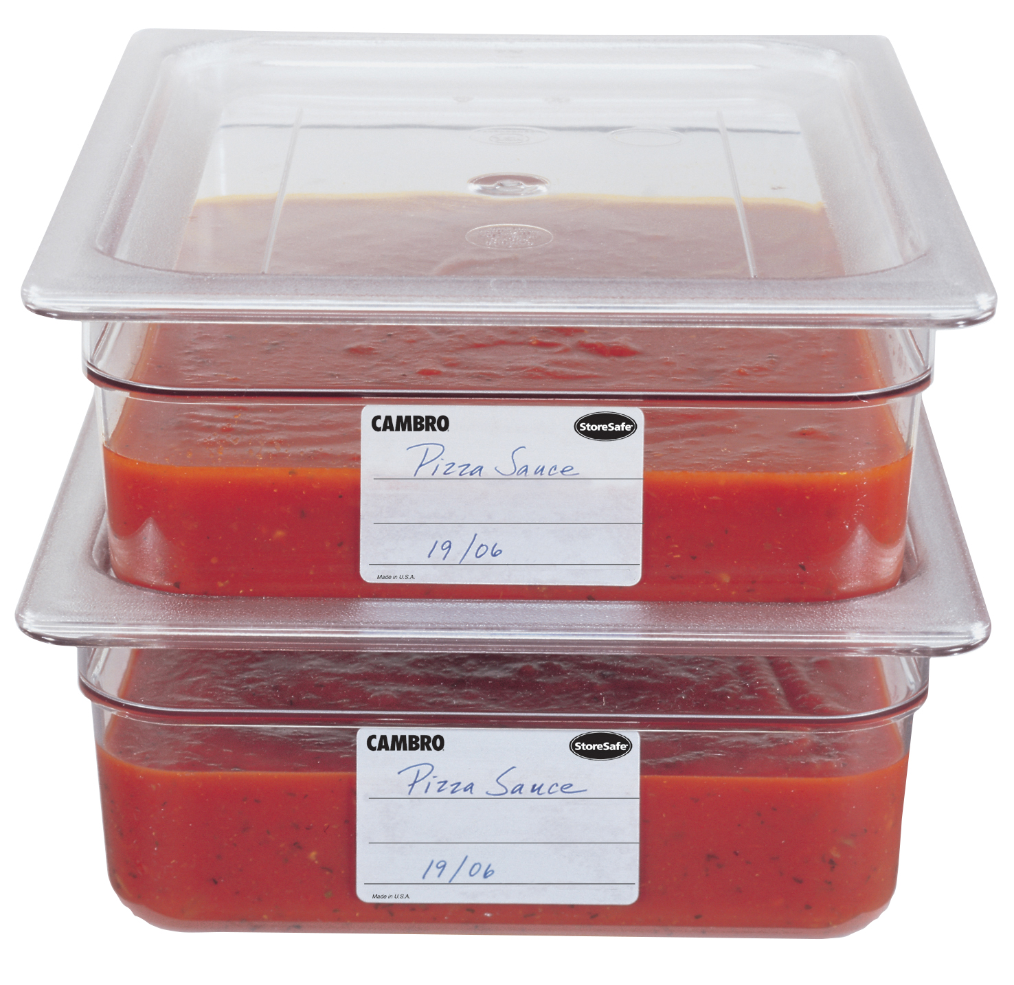Two half size clear food pans filled with sauce, with flat lids and StoreSafe labels reading Pizza Sauce