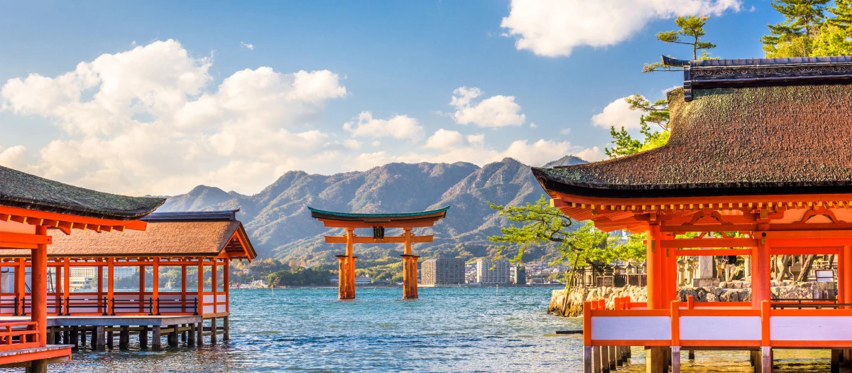 Torii gate in the water at Itsukushima Shrine on Miyajima Island in Japan