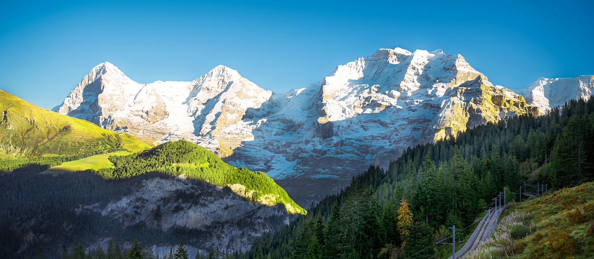 Snow-capped Alpine peaks above green meadows, seen on London, Paris and the Alps student tours.
