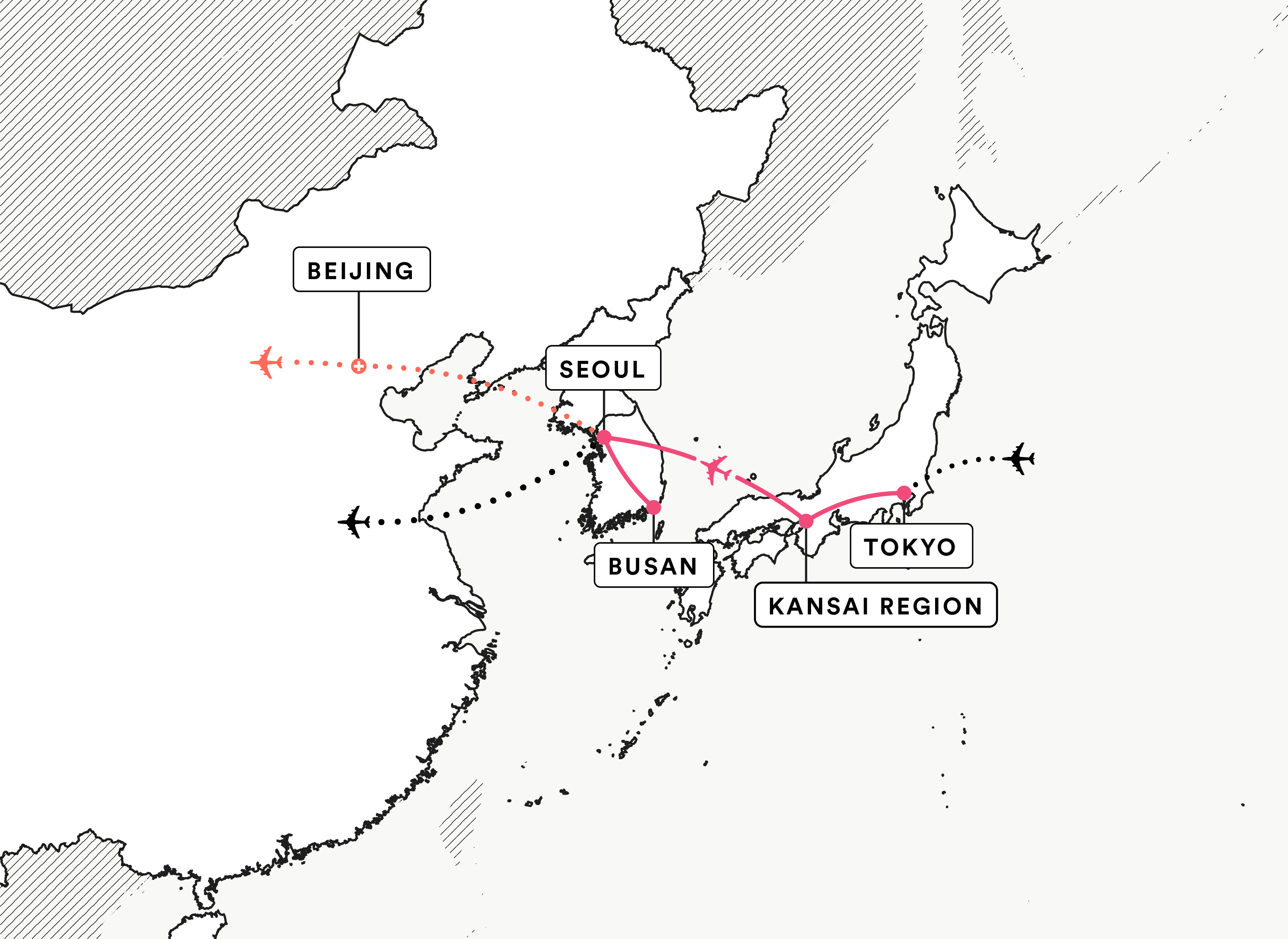 South Korea & Japan route map