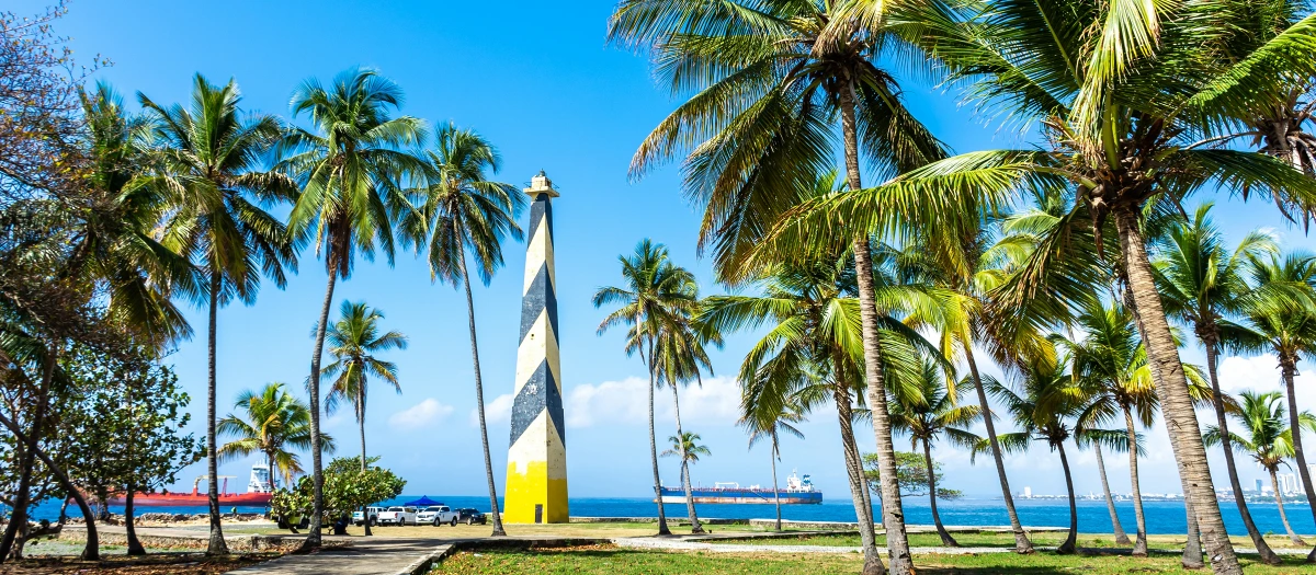 Beach with palm trees and a tanker ship passing by.