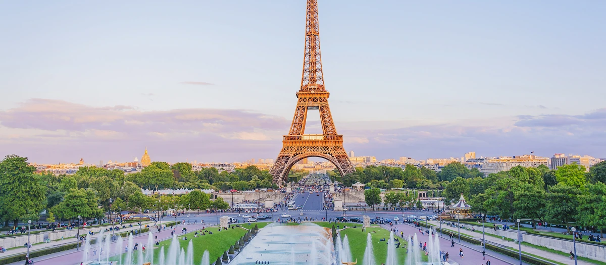 Eiffel Tower seen across the Trocadero fountains in Paris on a middle school trip to Europe.