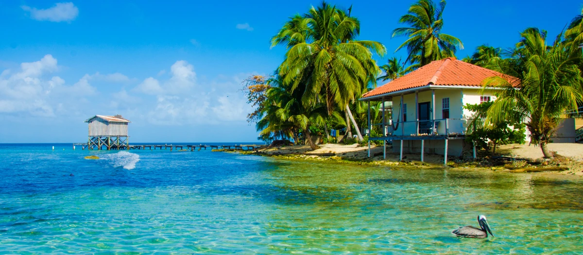 Stilt houses over turquoise Caribbean water among palms on a Discover Belize tour.