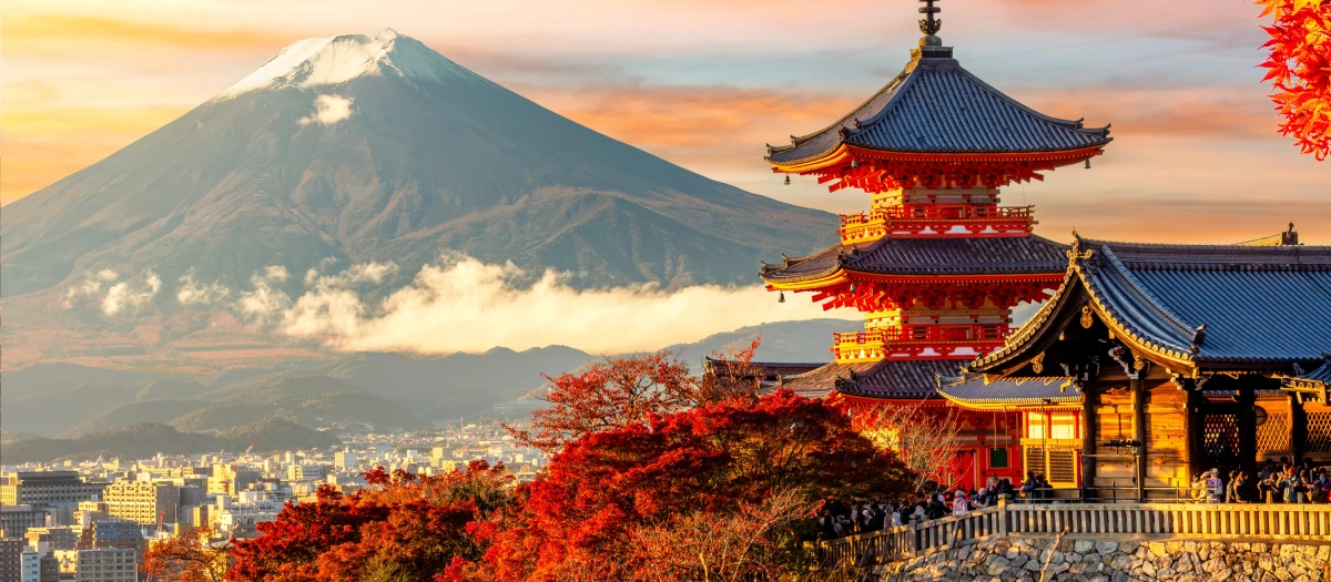 temple in front of mount fuji in japan