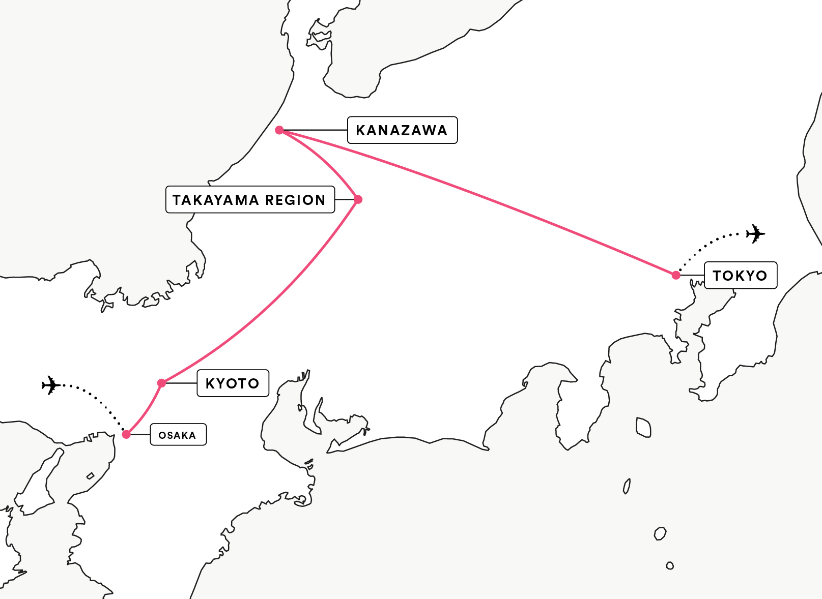 route map for tour from Kyoto Kanazawa and Tokyo