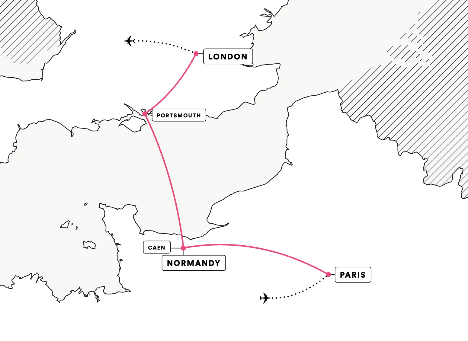 Paris, Normandy and London route map