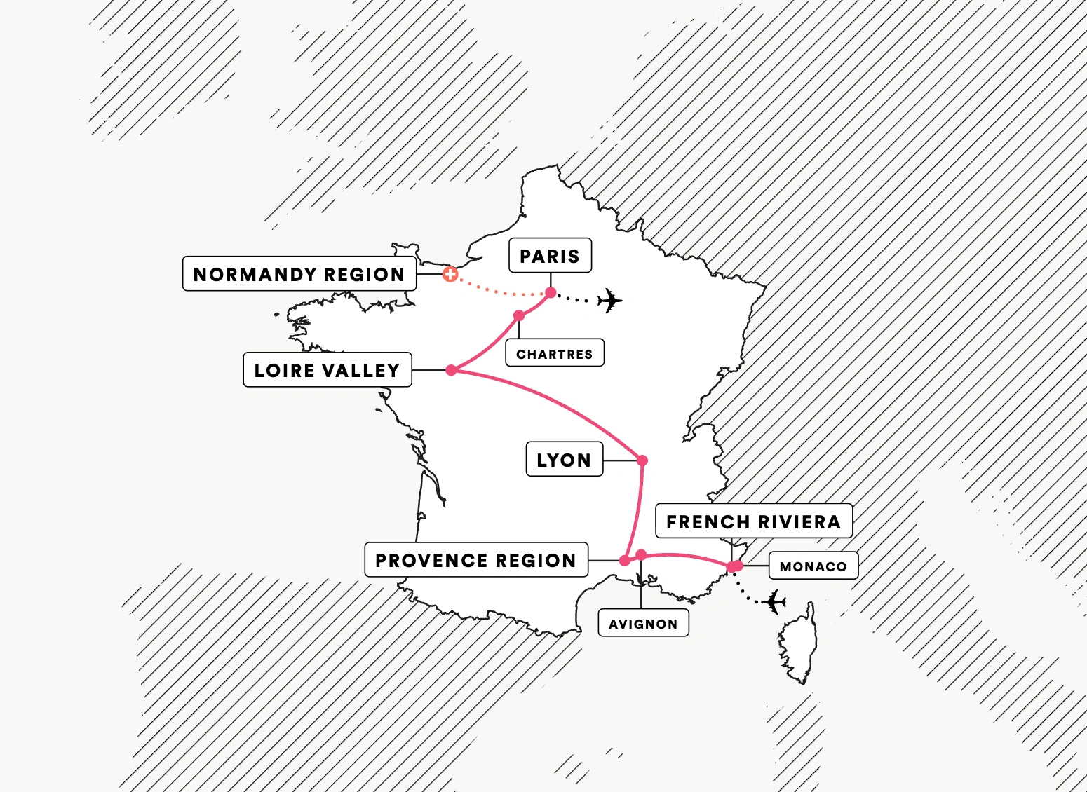 Paris, the Loire and the Riviera route map