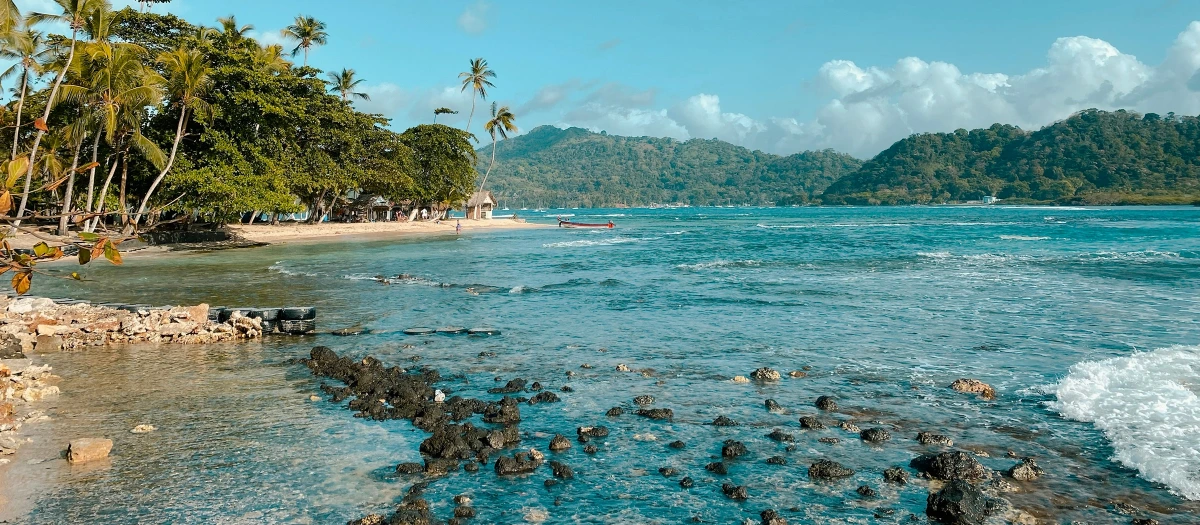 Palm-lined shore and rocky beach below green hills in Panama on the Impressions of Panama tour.