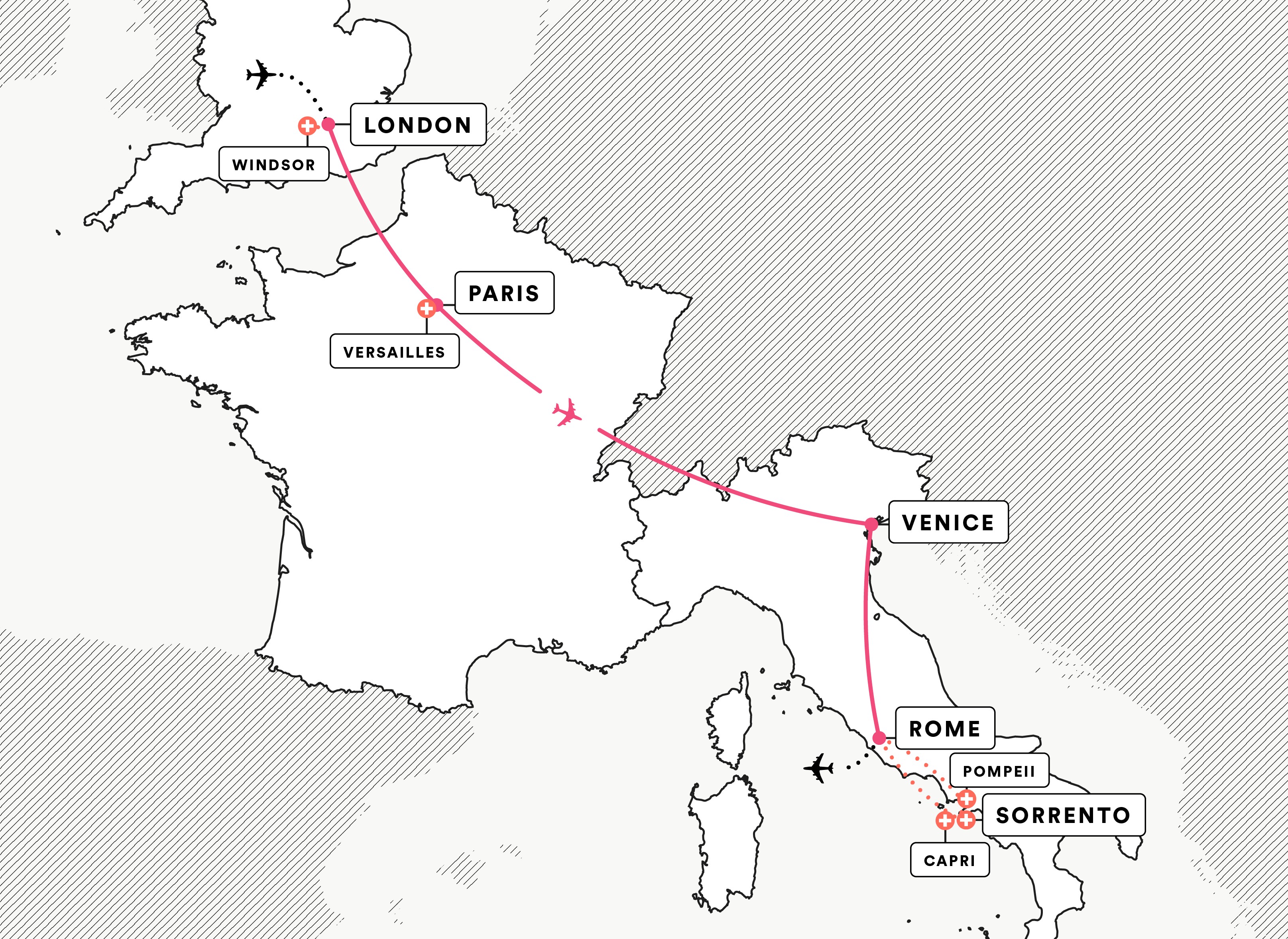 London, Paris, Venice and Rome route map