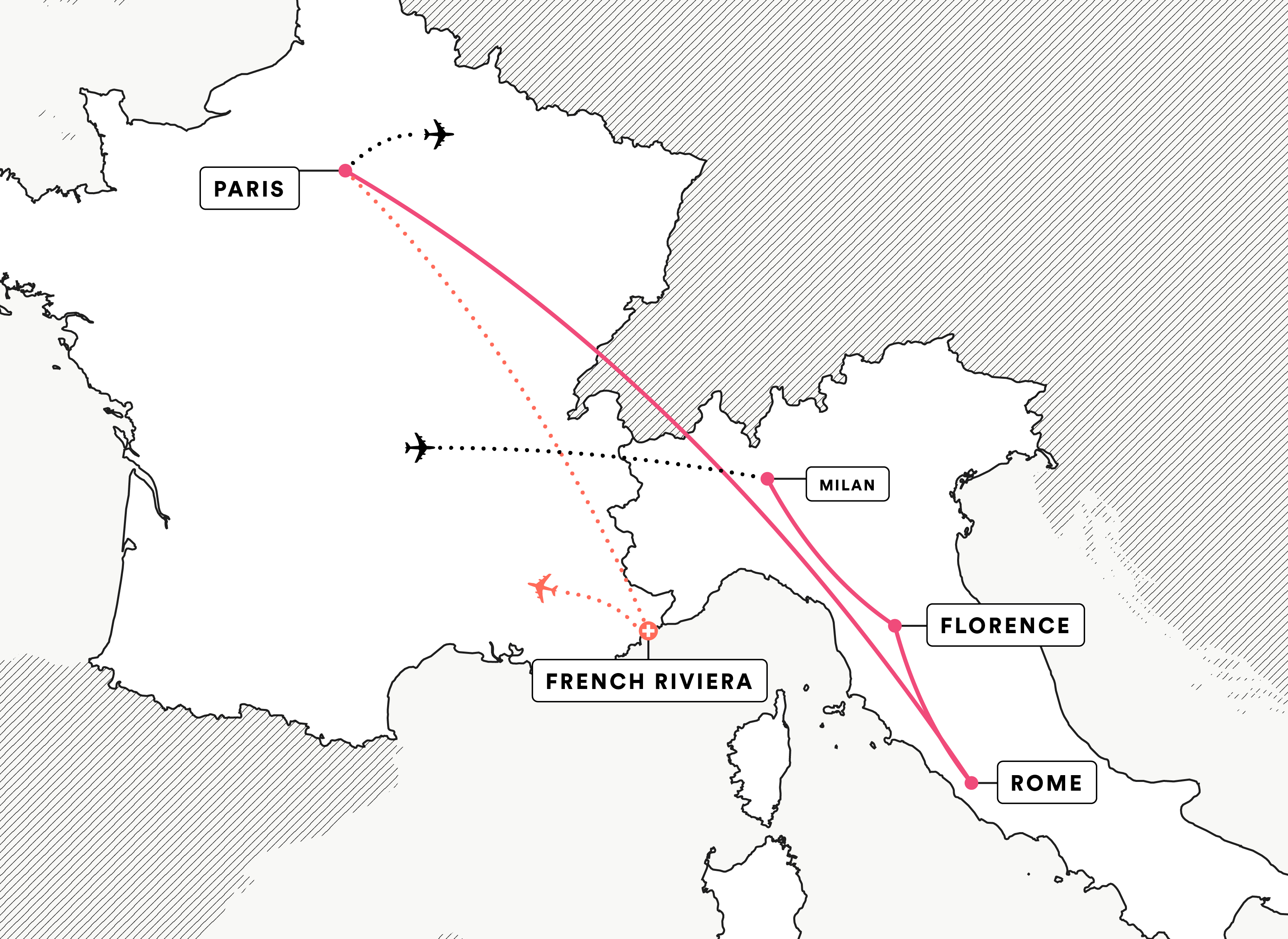 Florence, Rome and Paris route map
