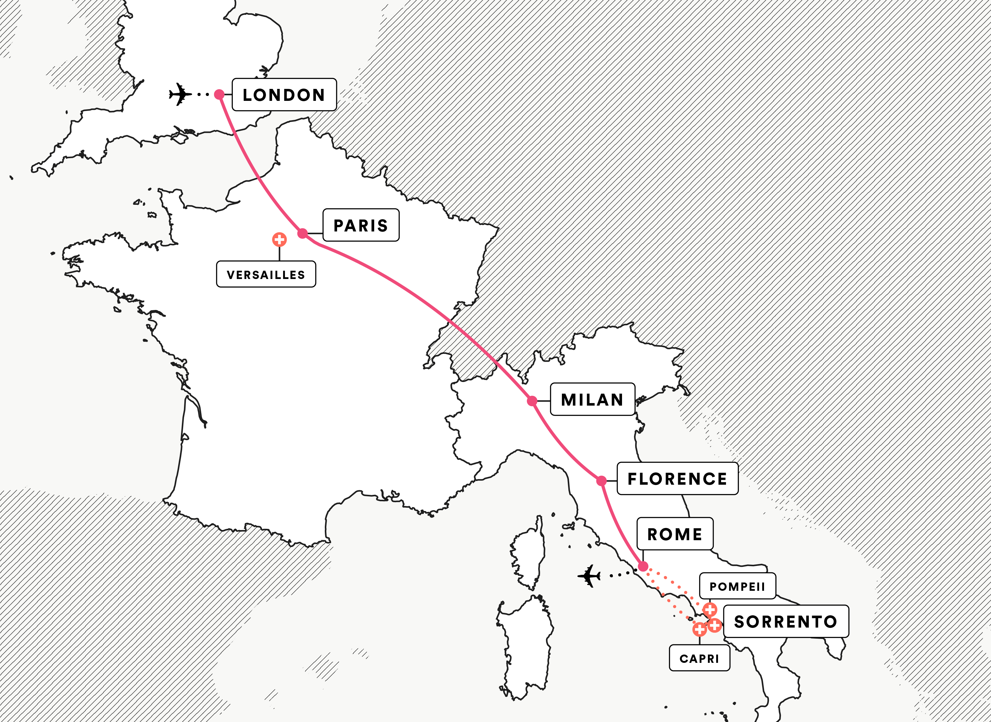 London, Paris, Florence and Rome route map
