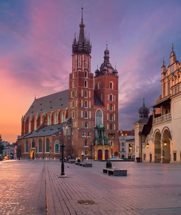 Purple skies with brick building in front on EF Central Europe & Holocaust tour.