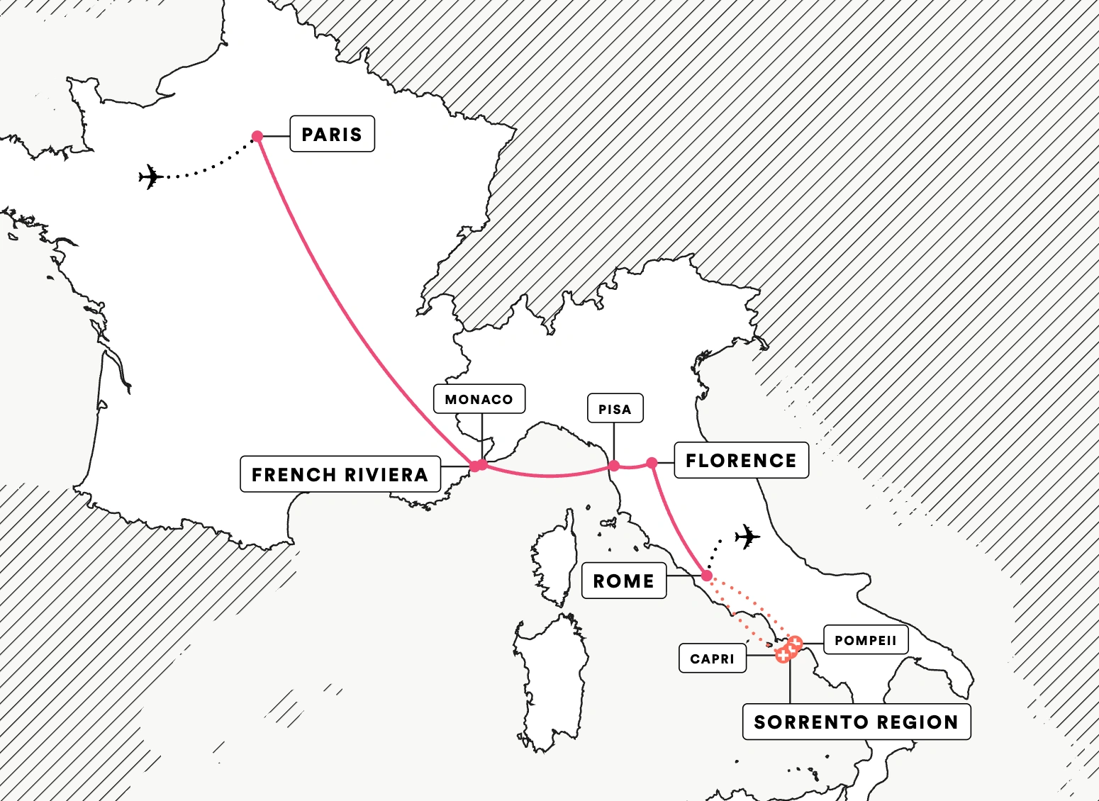 Paris, the Riviera and Rome route map