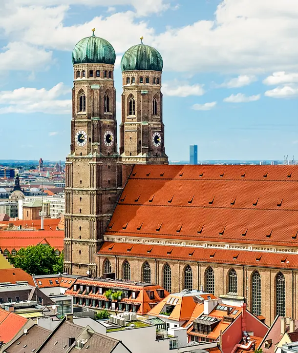 Church with double steeple on a Munich language tour.