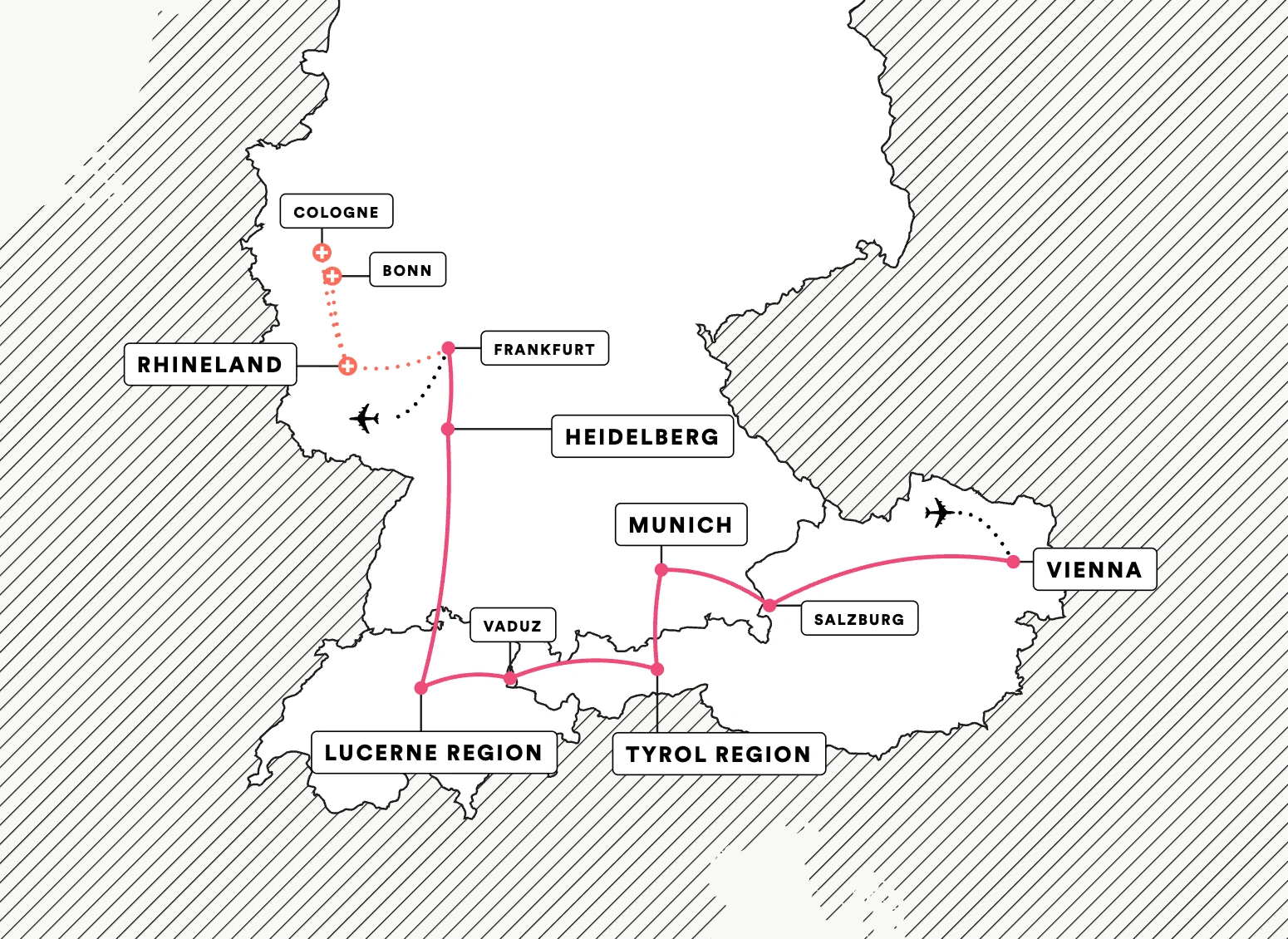 Austria, Germany and Switzerland route map