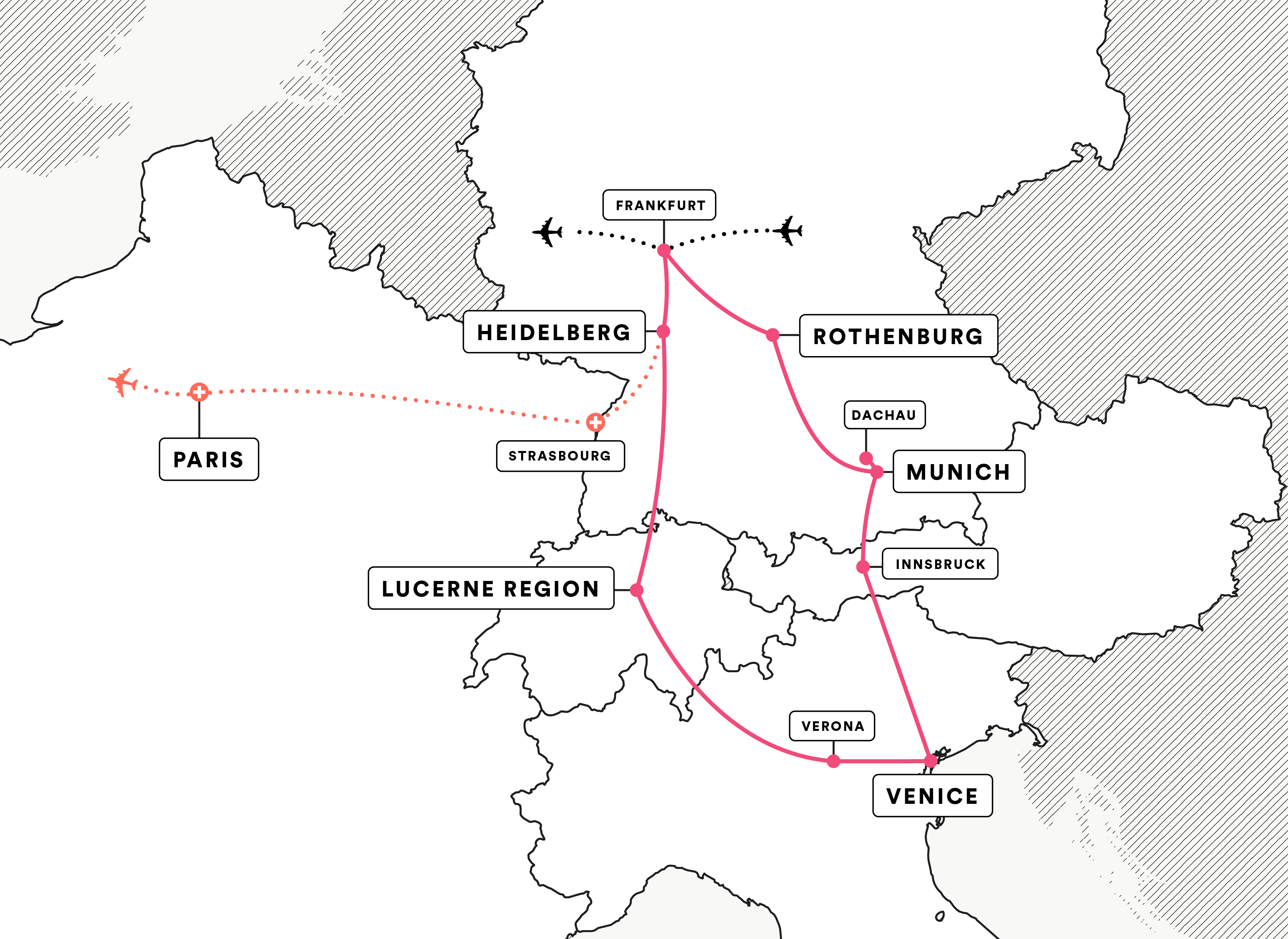 Rothenburg, Munich, Venice, the Lucerne region, and Heidelberg route map