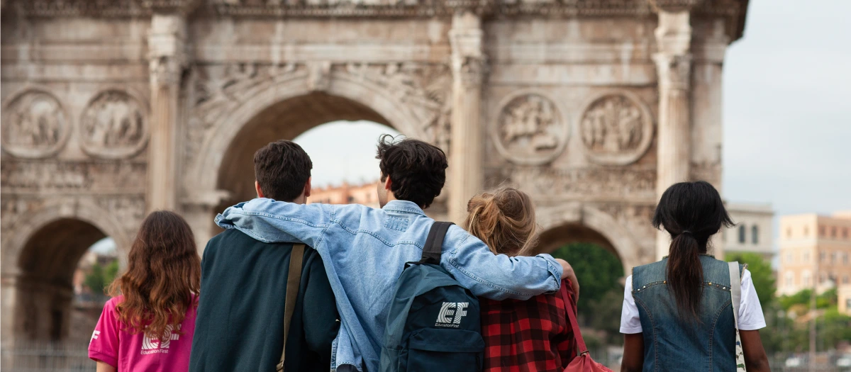 Students with EF Tours backpacks at the Arch of Constantine in Rome on a Rome and Sorrento tour.