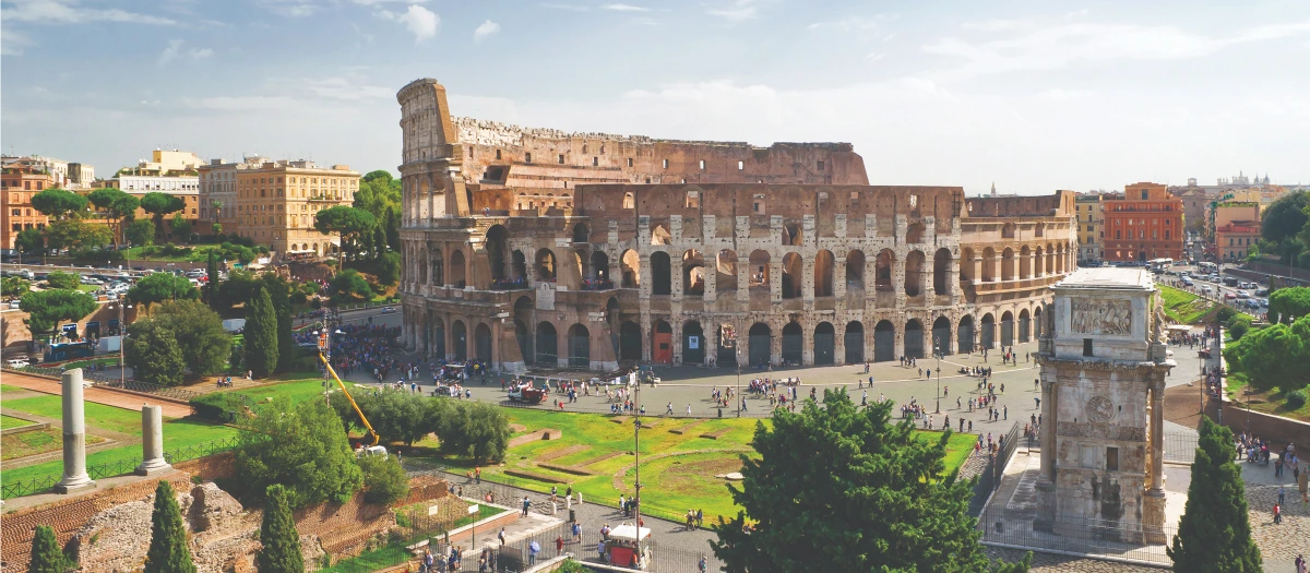 Colosseum and the Arch of Constantine seen from above in Italy on student tours of Rome.