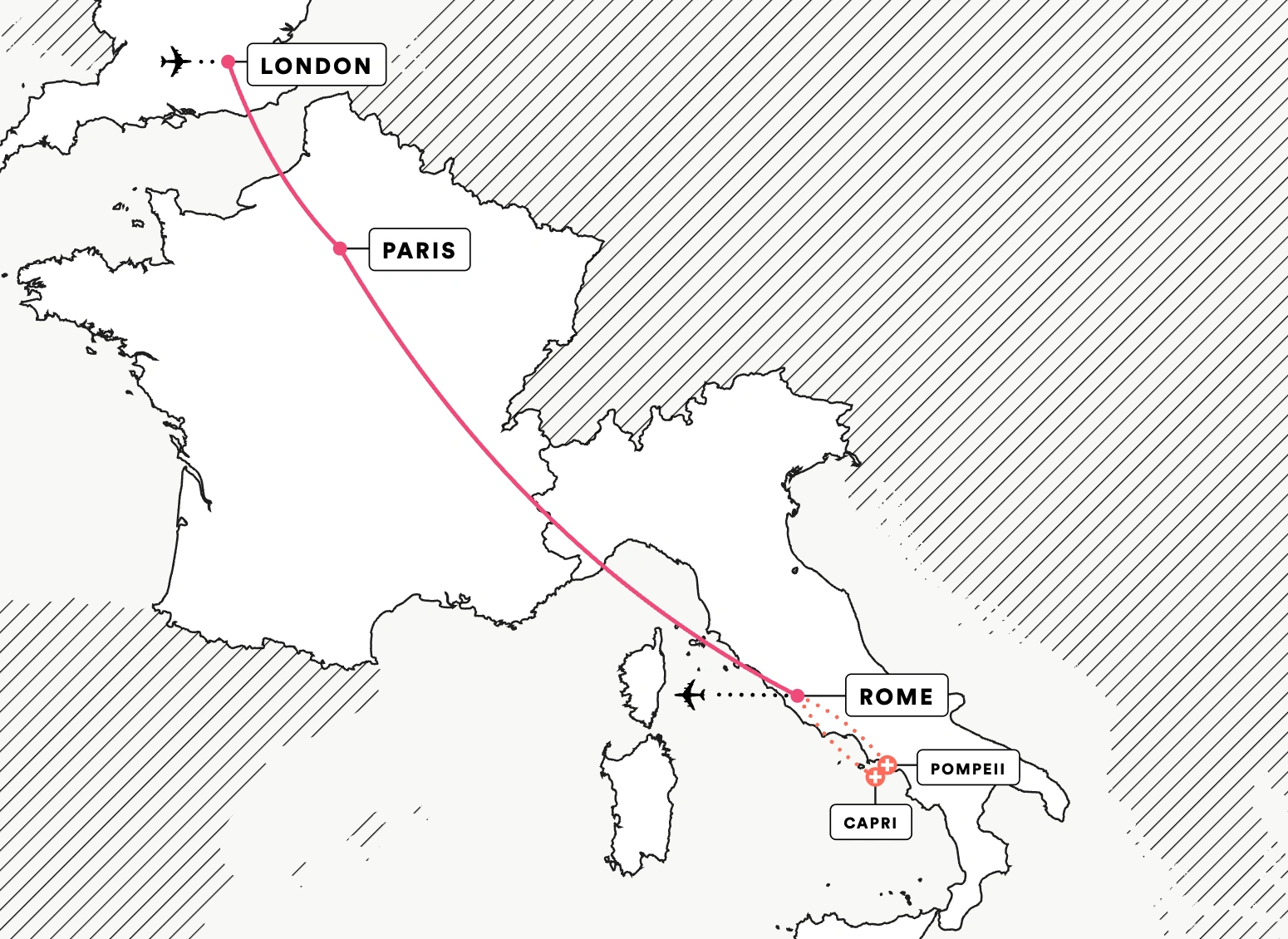 England, France, and Italy route map