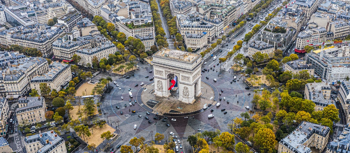 The arc de triophe in Paris, France seen from above.