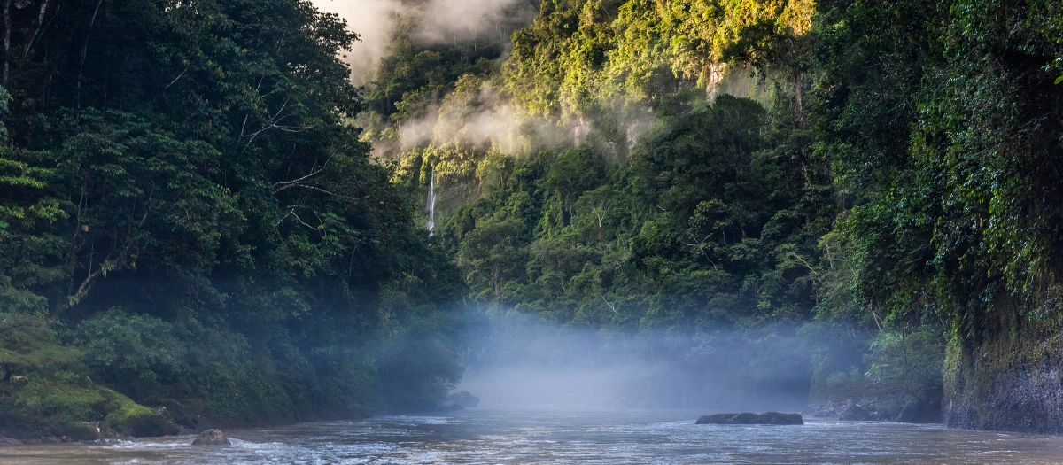 Mist rising over a rainforest river and waterfall on Amazon rainforest expedition tours.
