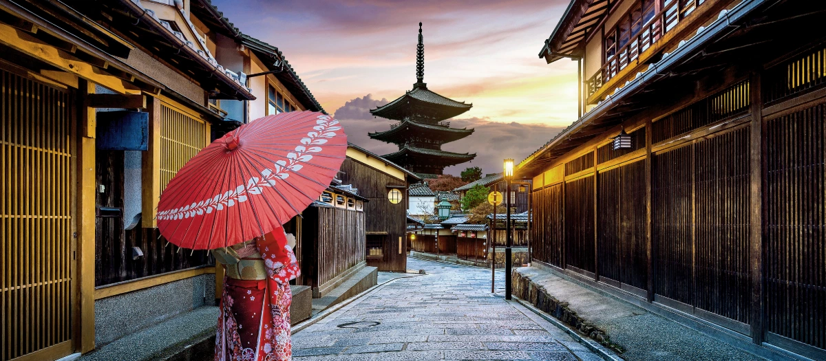 Woman in traditional Japanese dress holding a parasol in Kyoto.