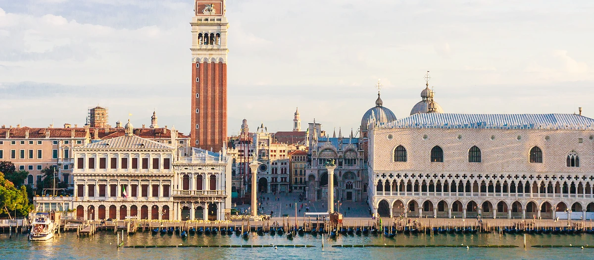 St Mark's Campanile and Doge's Palace on the Venice waterfront, on Venice, Alps and Paris tours.