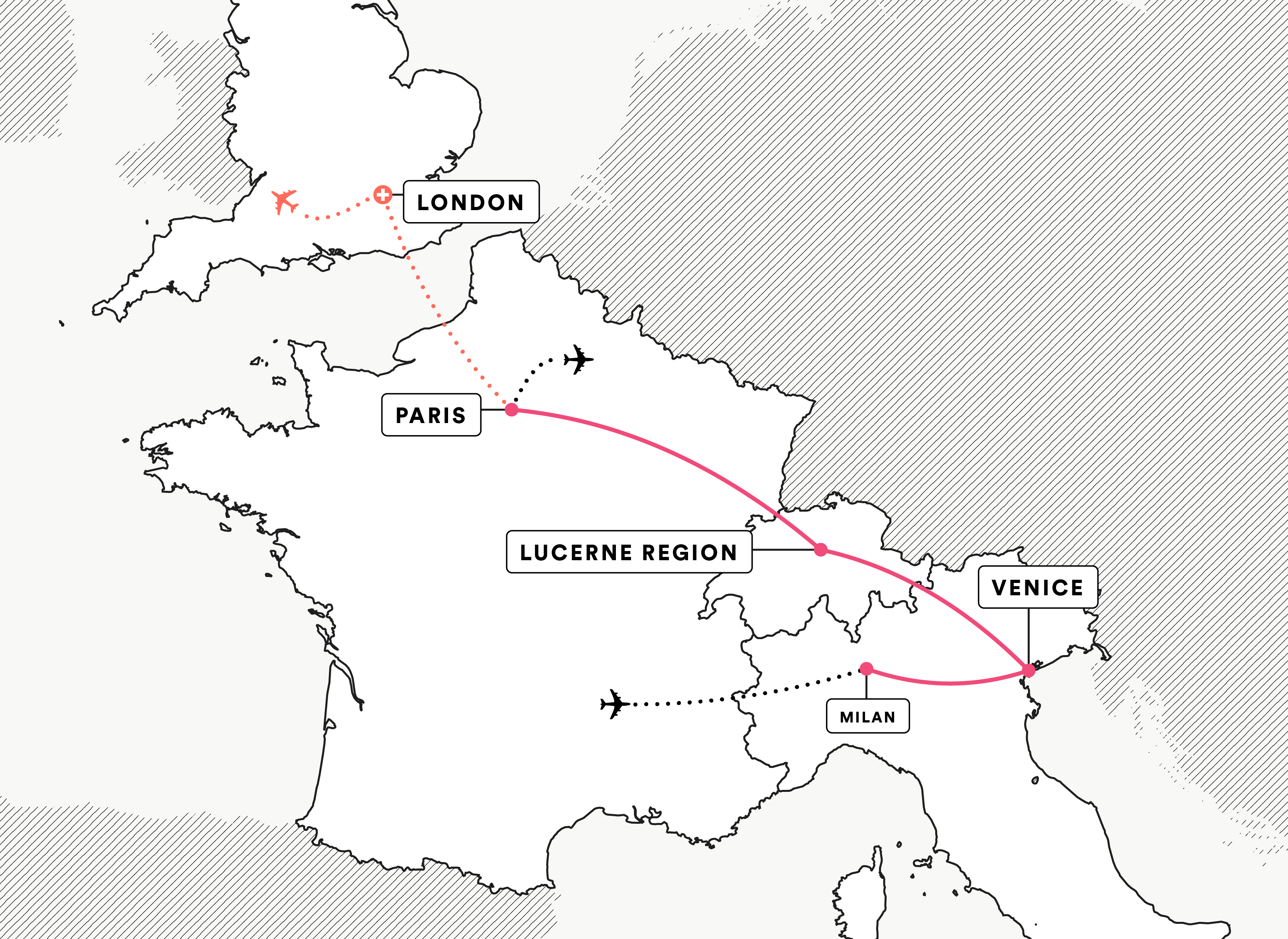 Venice, the Alps & Paris route map
