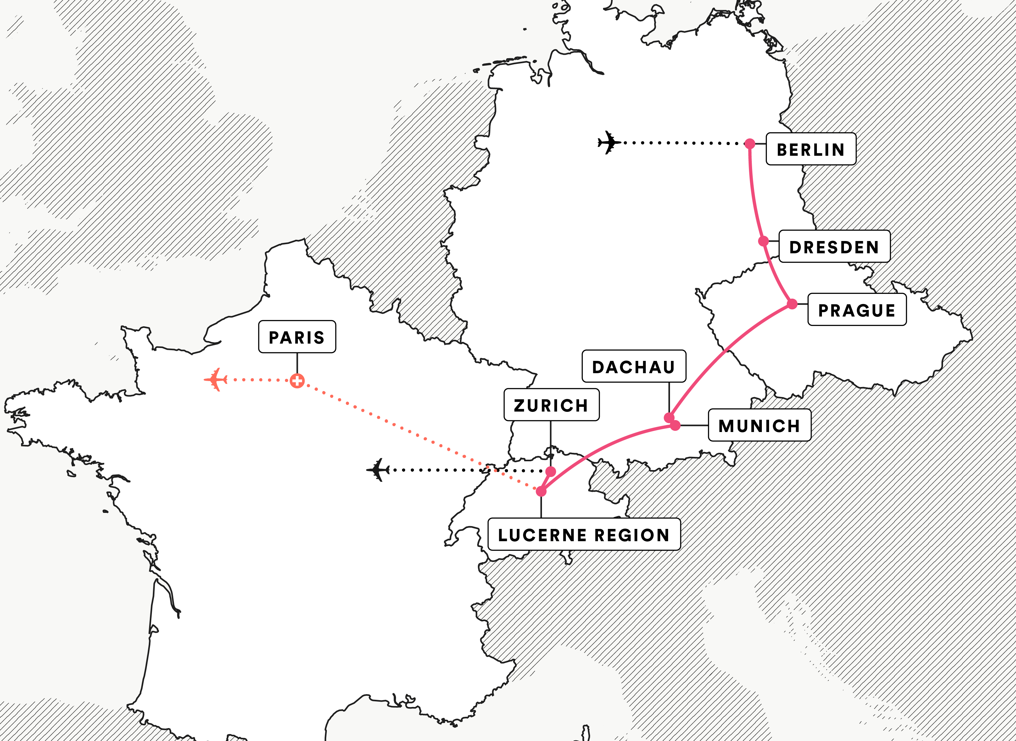 Berlin, Prague & the Alps route map