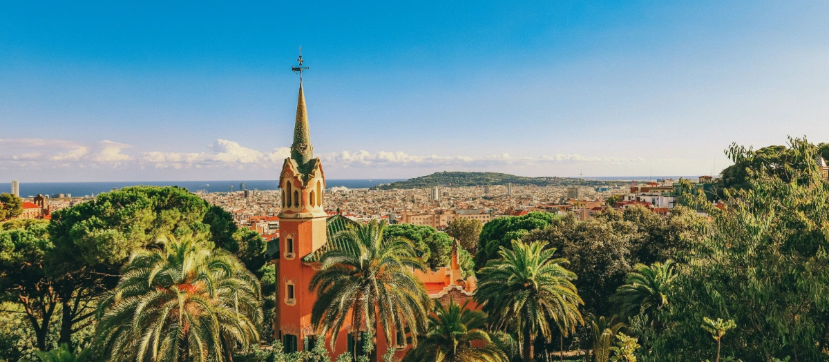 Barcelona cityscape and Mediterranean coast through palm trees on Barcelona and Madrid tours.