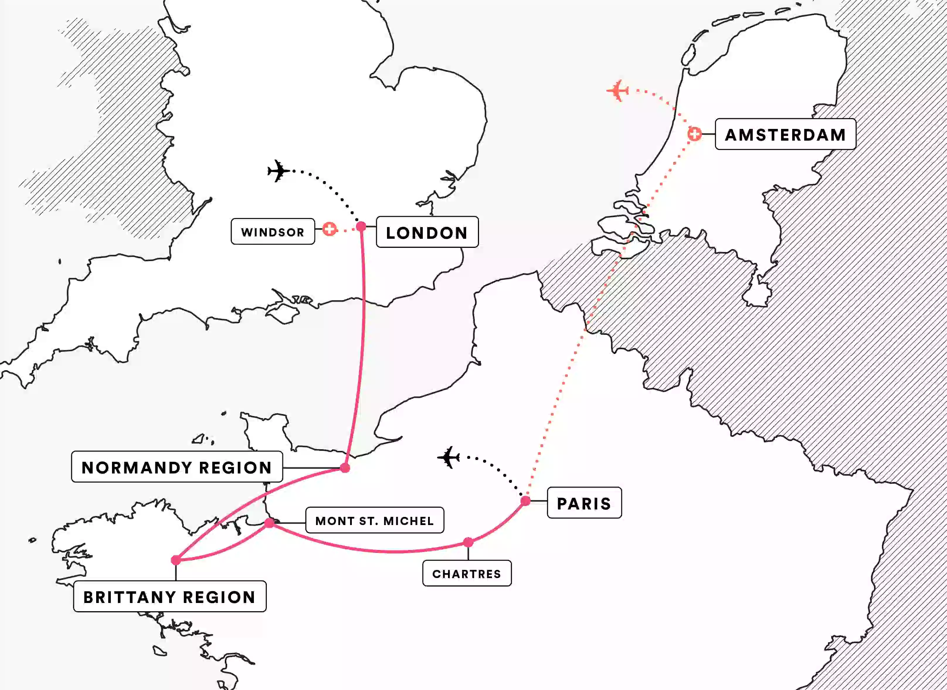 Explore England and France route map