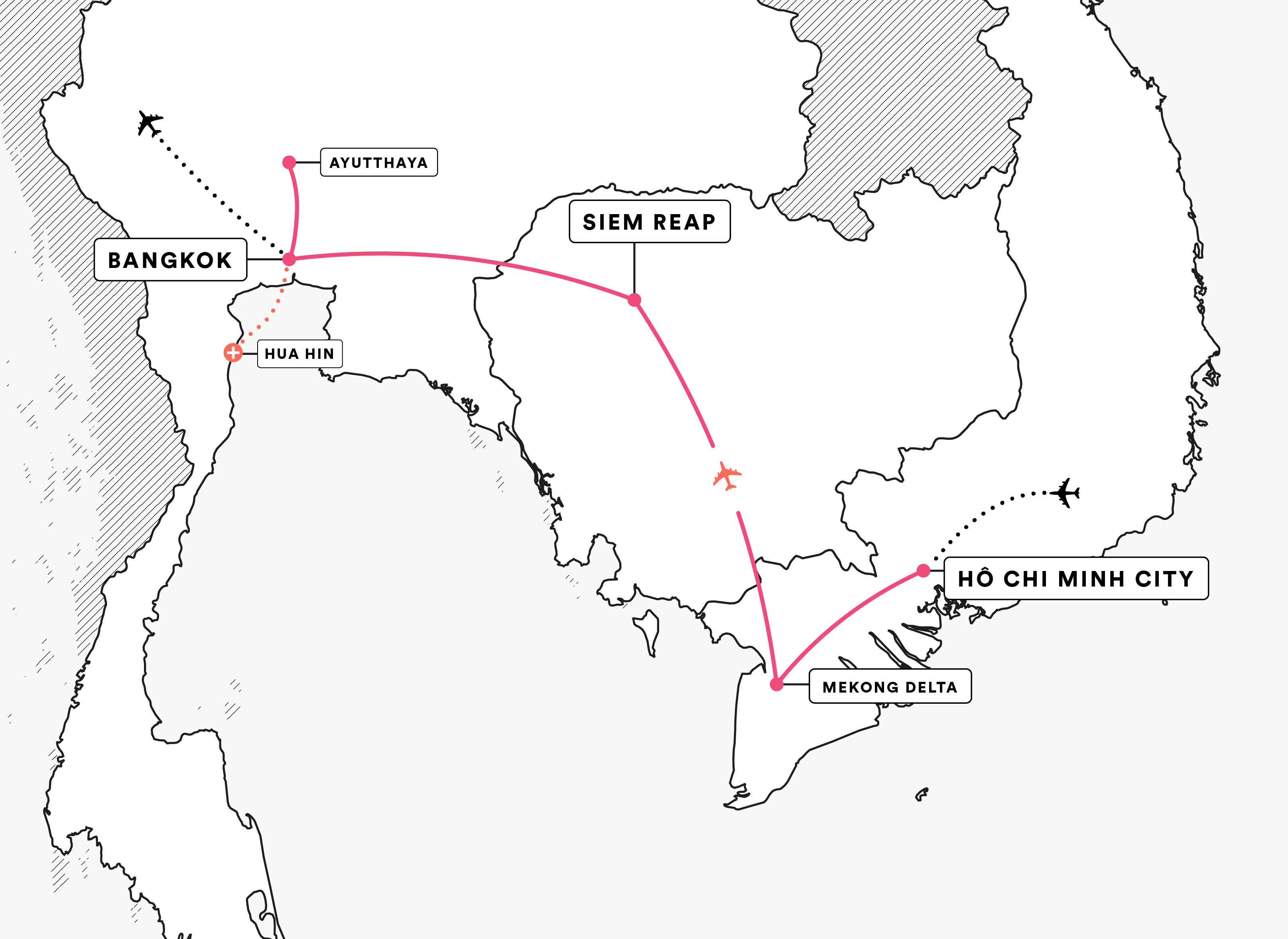 Vietnam, Cambodia & Thailand route map
