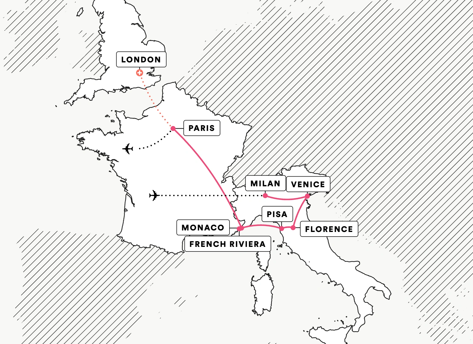 Paris, Florence and Venice route map