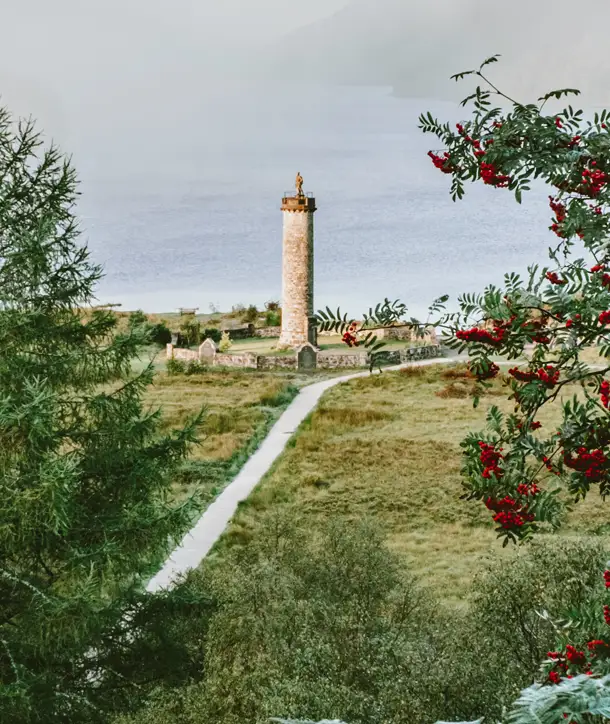 Bush with red flowers in forefront, tower from Scotland tour in background.