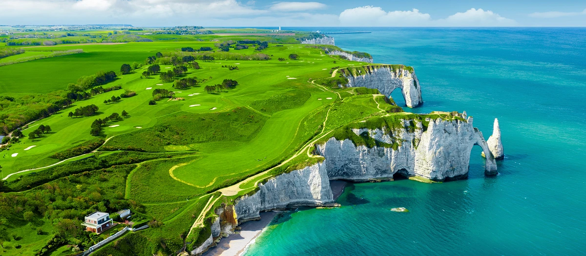 White cliffs of etretat from above in Normandy, France.