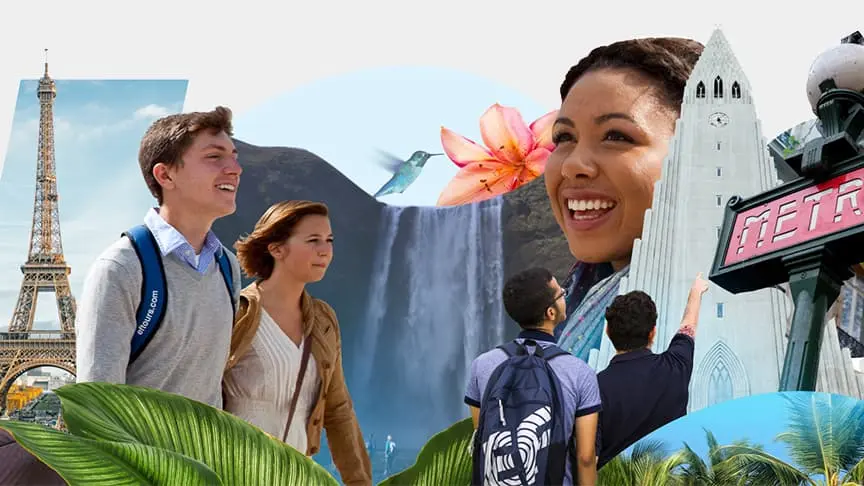 Video collage of students and travel destinations with EF branding